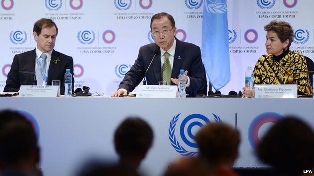 United Nations Secretary General Ban Ki-moon (C), flanked by COP20 executive secretary Christiana Figueres (R) and Climate Change advisor Robert Orr (L)
