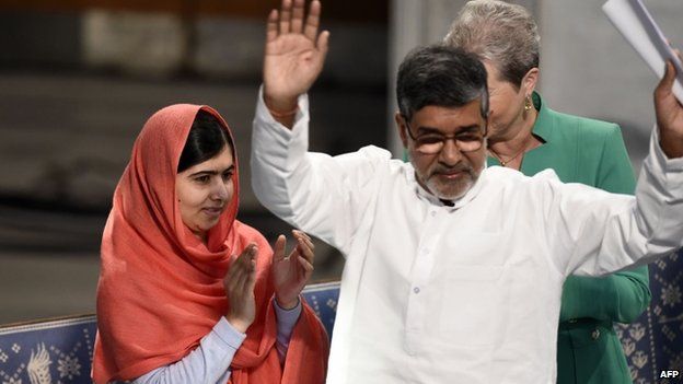 Nobel Peace Prize laureates Kailash Satyarthi (right) and Malala Yousafzai at the the Nobel Peace Prize award ceremony at the City Hall in Oslo, 10 December 2014