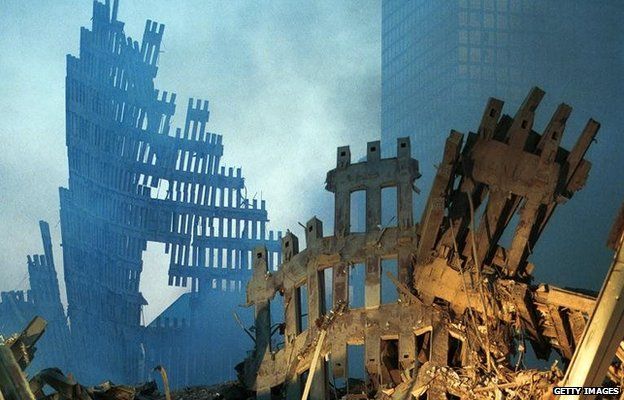 Remains of the World Trade Center in New York after the 11 September 2001 attacks