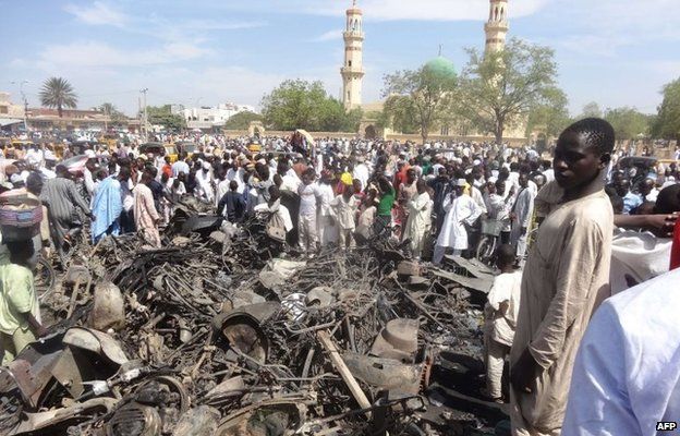 Aftermath of double suicide bombing near the central mosque in northern Nigeria's largest city, Kano (29 November 2011)