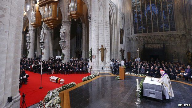 Belgium's Queen Fabiola's coffin is seen inside the cathedral during her funeral service in Brussels