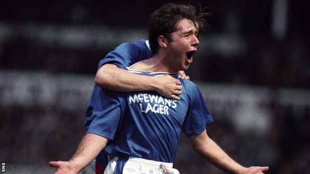 Ally McCoist celebrating after scoring for Rangers in 1992