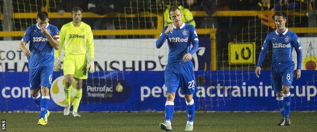Rangers players look dejected after defeat by Alloa Athletic in the Challenge Cup