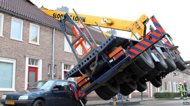 A crane which fell into the roof of a house in the Netherlands