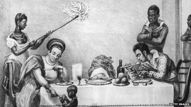 A Brazilian family at dinner on a coffee plantation, circa 1820. From 'Voyage Pittoresque et Historique au Bresil' by Jean-Baptiste Debret