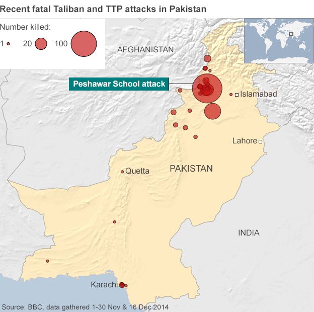 Map showing recent Taliban and TTP attacks