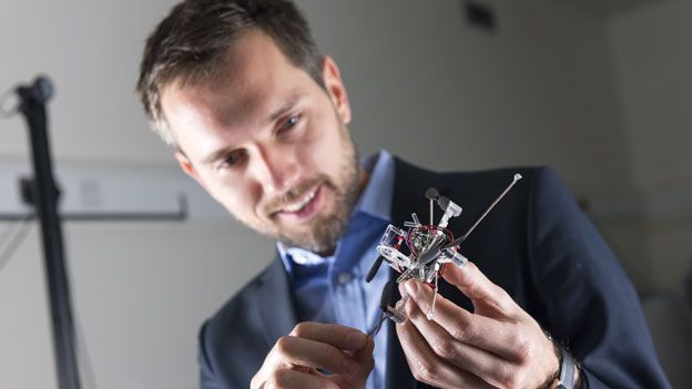 Imperial College London’s Dr Mirko Kovacs in the university’s Aerial Robotics Lab with one of Imperial’s next generation flying robots