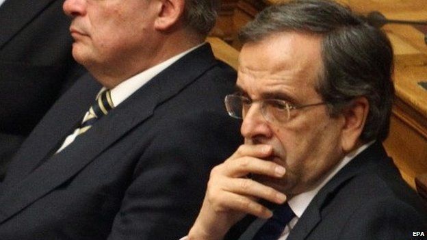 Greek Prime Minister Antonis Samaras during the first round of voting for the Greek president, in parliament in Athens