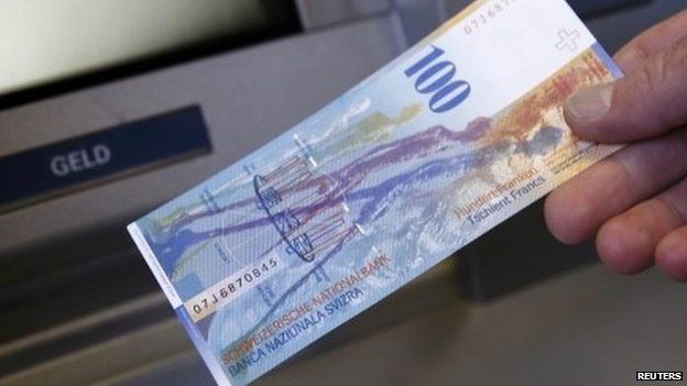 Swiss 100 franc note and cash machine