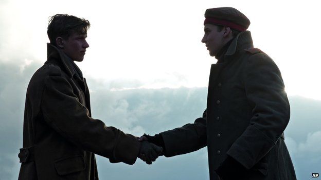 British and German soldier shake hands in a frame from Sainsbury's Christmas advert