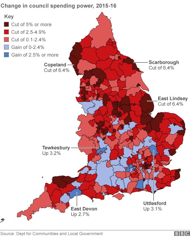 Map showing change in council spending power by local authority