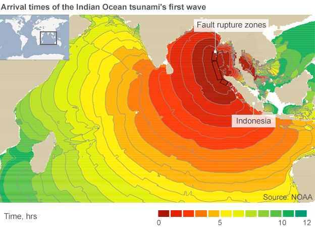 Map showing the arrival time of the 2004 Indian Ocean tsunami waves