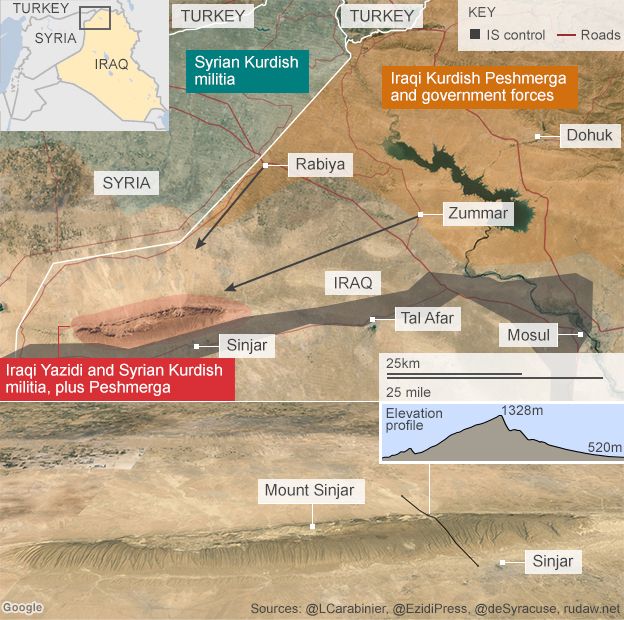 Map showing Iraqi Kurdish Peshmerga offensive on Mount Sinjar (19 December 2014)