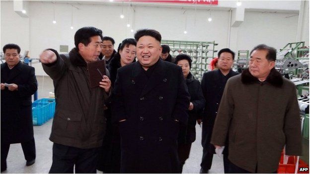 North Korean leader Kim Jong-Un visiting the Kim Jong-Suk Pyongyang Textile Mill in Pyongyang.