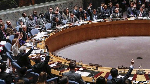 United Nations Security Council members vote to adopt the agenda of human rights violations in North Korea during a meeting of the United Nations Security Council in New York City, 22 December 2014