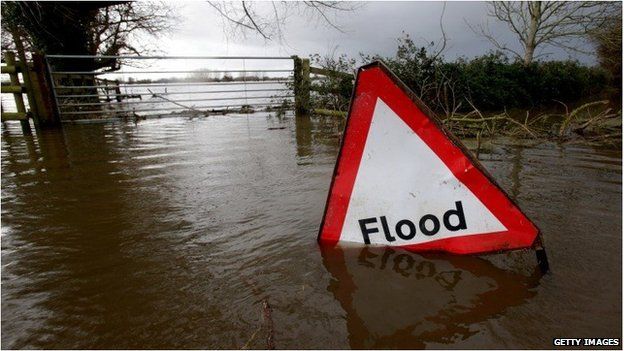A "flood" sign partly submerged on a flooded rural road