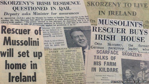 Newspaper headlines about Otto Skorzeny from the 1950s and 1960s