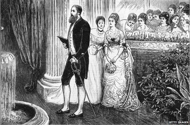 circa 1880: The Russian ladies at a Nobles' Ball in Moscow gasp at the foreign court dress of a visiting Englishman