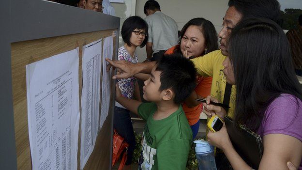Family members of passengers on board AirAsia flight QZ 8501 look at a passenger list inside a crisis centre at Juanda Airport in Surabaya