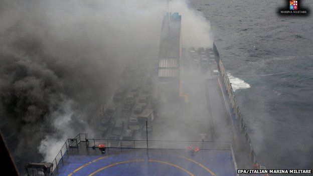 View of the rescue operations of the ferry Norman Atlantic on fire in the Adriatic Sea, 28 December 2014