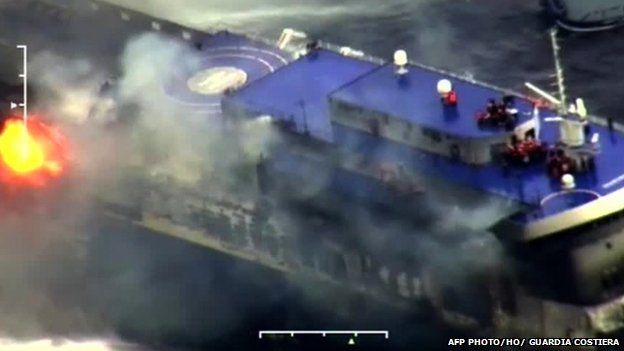 Footage released by the Italian coast guard showed the ferry shrouded in smoke