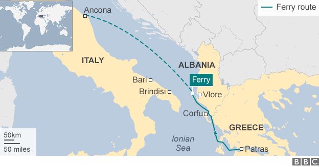 Map showing the route of the ship Norman Atlantic travelling from Greece to Italy