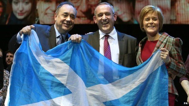 Former SNP leader Alex Salmond (far left), deputy leader Stewart Hosie and leader Nicola Sturgeon