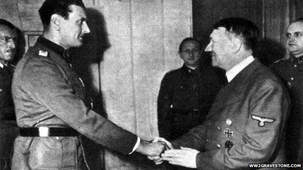 Adolf Hitler shakes hands with his top commando, Otto Skorzeny