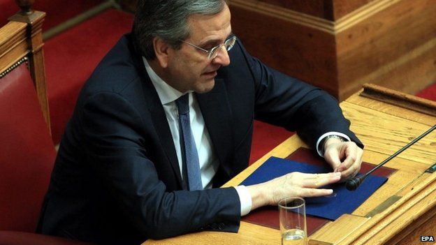 Greek Prime Minister Antonis Samaras contemplates the result in the third round of the Greek presidential election in Athens - 29 December 2014