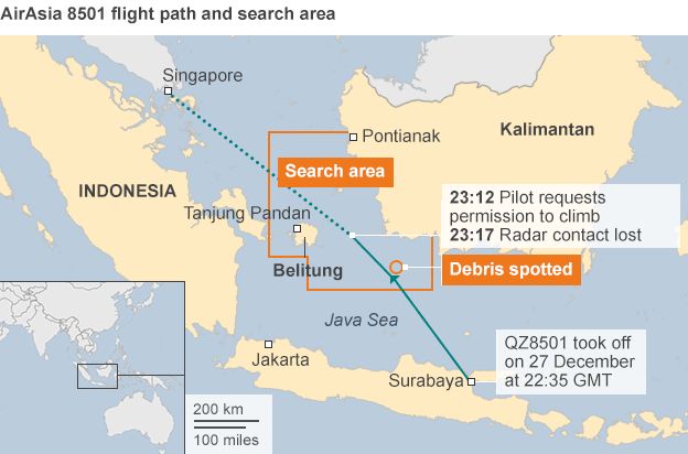 BBC map showing last communication of AirAsia flight QZ8501