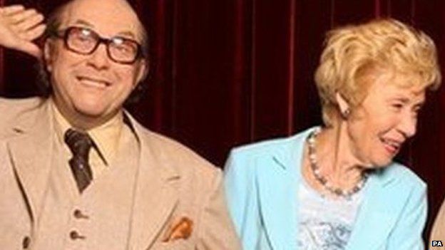 Joan Morecambe (left), the widow of Eric Morecambe with his wax figure at Madame Tussauds Blackpool