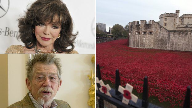 (Clockwise from top left) Joan Collins, Tower of London Poppies installation; John Hurt