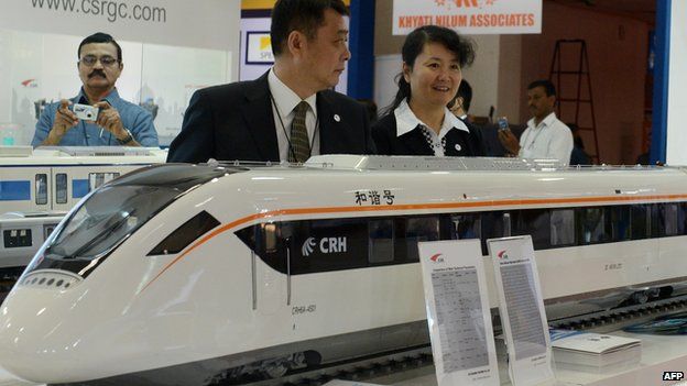 CRH train models on the stand of CNR during an exhibition