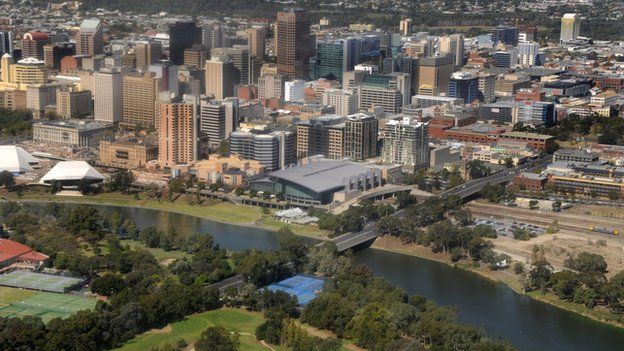 Aerial view of the Torrens river and Adelaide city centre in Australia
