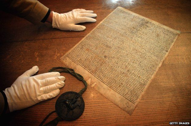 A facsimile copy of the 1215 document, the Magna Carta in the Library at Salisbury Cathedral