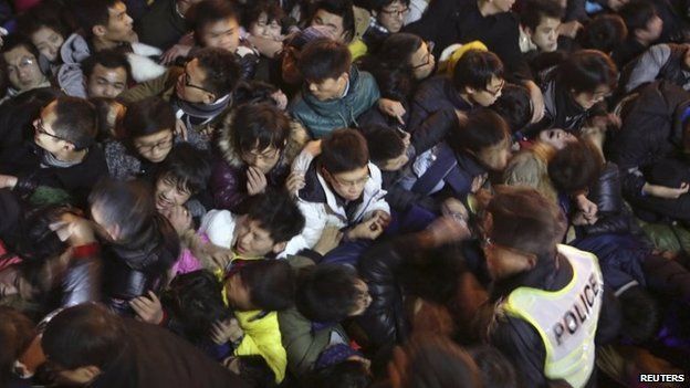 A view of a stampede is seen during the New Year's celebration on the Bund, a waterfront area in central Shanghai, 31 December 2014