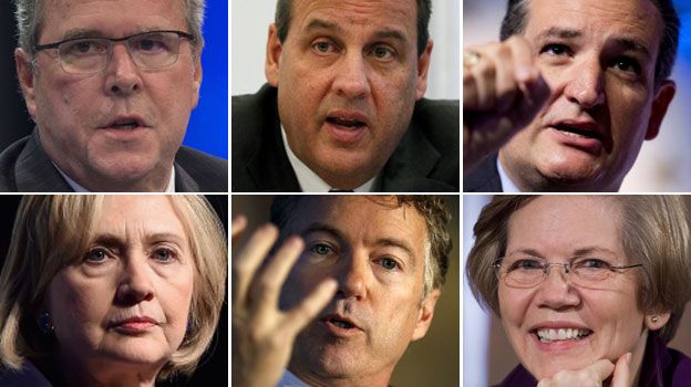 Clockwise from top left: Jeb Bush, Chris Christie, Ted Cruz, Elizabeth Warren, Rand Paul, Hillary Clinton