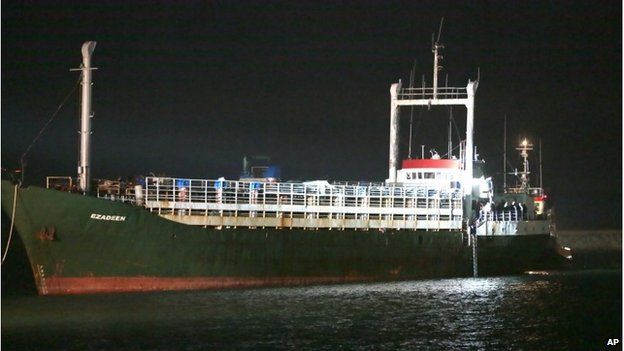 The cargo ship Ezadeen at the port of Corigliano, Italy, 2 January 2015