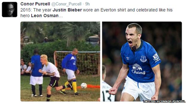 Justin Bieber plays in an Everton kit - BBC News