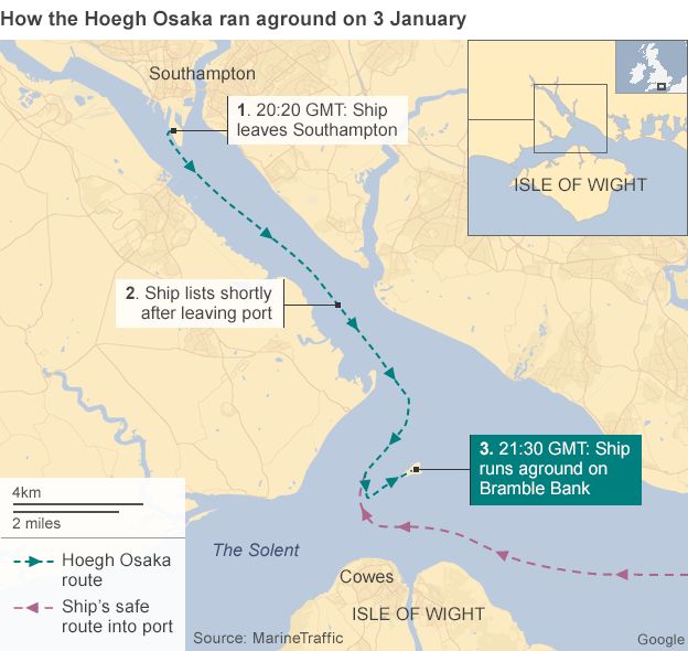 Map showing how the Hoegh Osaka ran aground