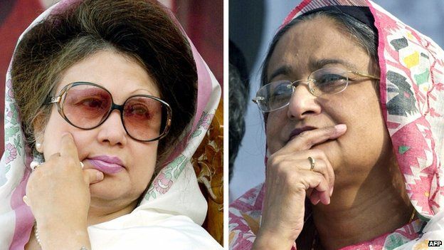 Bangladesh's former prime minister Khaleda Zia (left) and current Prime Minister Sheikh Hasina