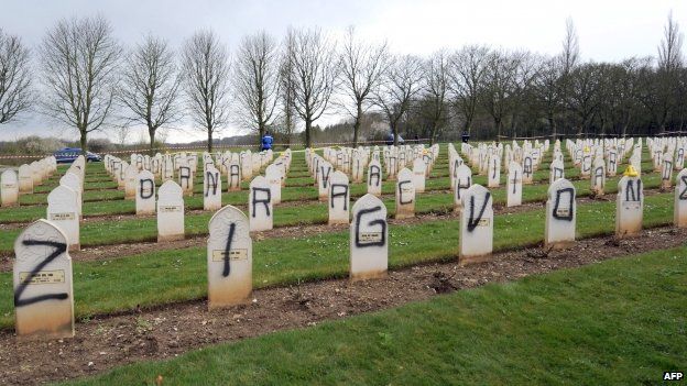 Nearly 150 Muslim war graves n Ablain-Saint-Nazaire, France's biggest war cemetery, desecrated by vandals (April 2008)