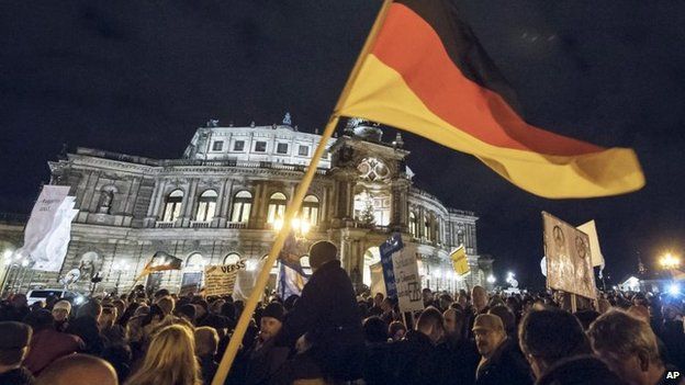 Participants of a rally called "Patriotic Europeans against the Islamisation of the West" (Pegida) hold German flags during a demonstration in Dresden, Germany, 22 December 2014