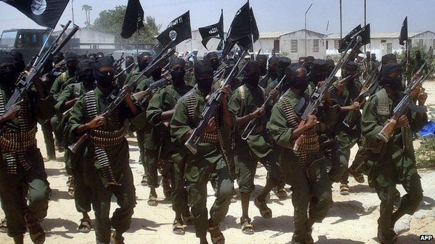 A file photo shows Islamist fighters loyal to Somalia's al-Qaeda-inspired al-Shabab group performing military drills at a village in Lower Shabelle region, some 25 kilometres outside Mogadishu, 17 February 2011