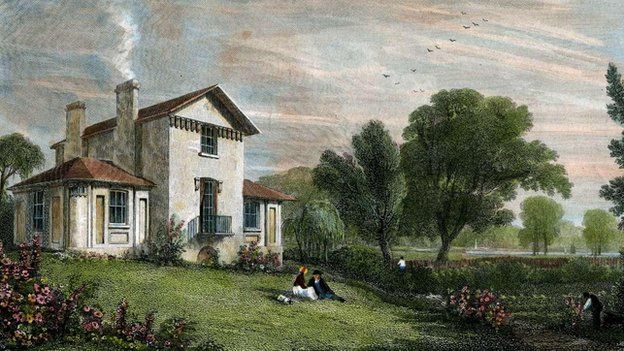 Twickenham Villa of JMW Turner RA engraved by WB Cooke c1814, with later colouring, from an original watercolour by William Havell