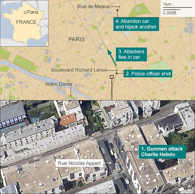 Map of gun attack in Paris