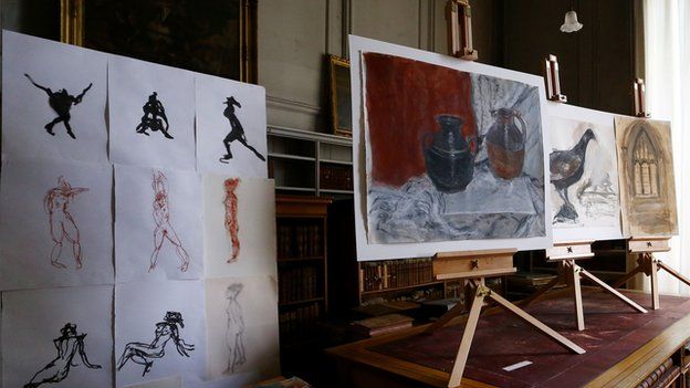 Pieces of art created by actor Timothy Spall during the filming of Mr Turner on display at Petworth House