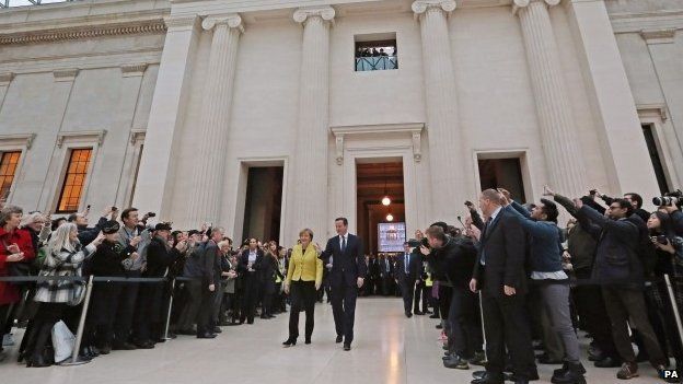 David Cameron and Angela Merkel entering the British Museum