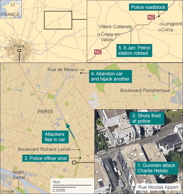Map of suspect route through Paris