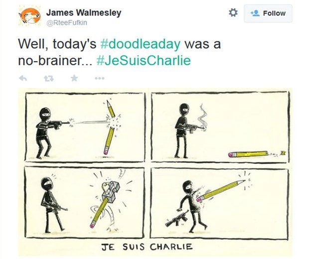 Cartoon showing a pencil rubbing out a gunman